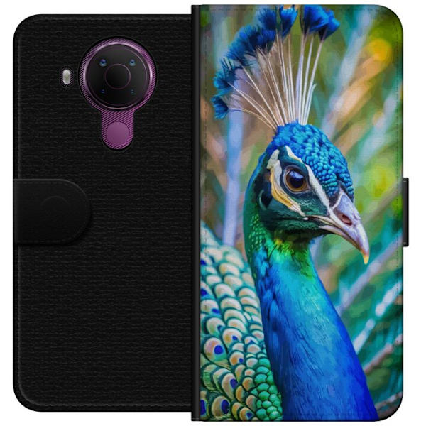 Nokia 5.4 Lompakkokotelo Pavun Sulat Värikäs Design Lintuaihe Eksoottinen Graafinen Suunnittelu Luonto Ylellinen Koristelu