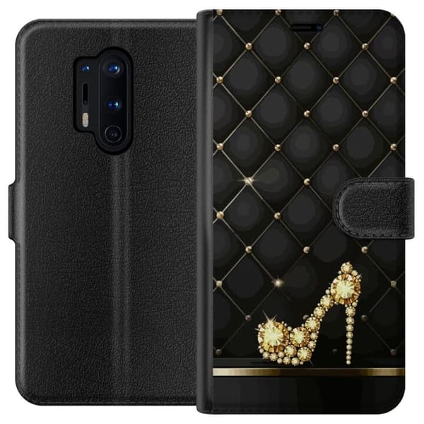 Kompatibel Tegnebogsetui til OnePlus 8 Pro Guldfarvet højhælet sko af diamanter