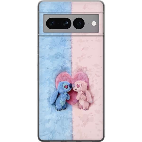 Kompatibel Mobilcover til Google Pixel 7 Pro Søde blå og lyserøde figurer foran et stort lyserødt hjerte pink