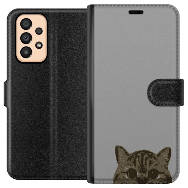 Samsung Galaxy A33 5G Plånboksfodral Grå Kattblick – stilren kattdesign med grå bakgrund