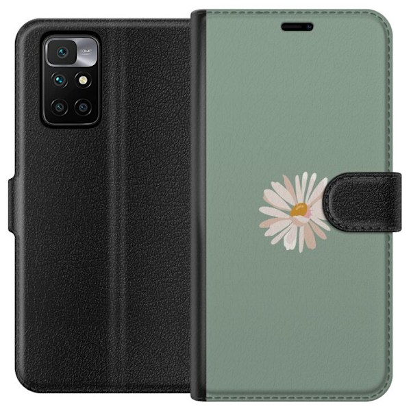 Xiaomi Redmi 10 Plånboksfodral Grön Minimalblomma – stilren blomma på grön bakgrund