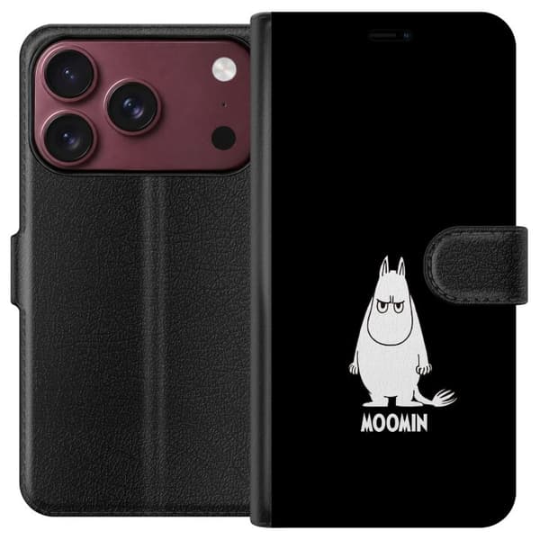 Kompatibel Tegnebogsetui til Apple iPhone 18 Pro Max Mumitrolden i hvid illustration med tekst på sort baggrund sort
