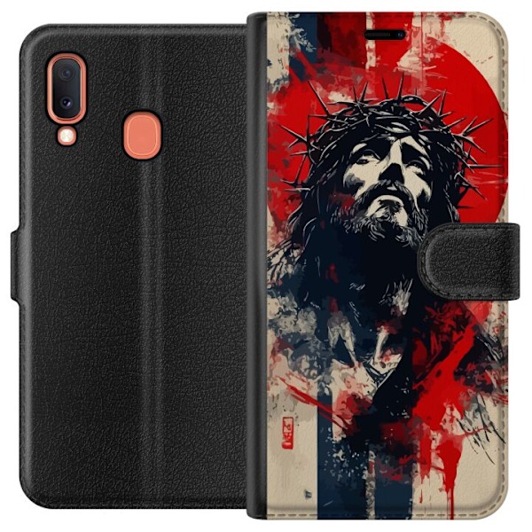 Samsung Galaxy A20e Lompakkokotelo Jeesus ristillä - kristillinen aihe vahvalla symboliikalla uskosta ja toivosta