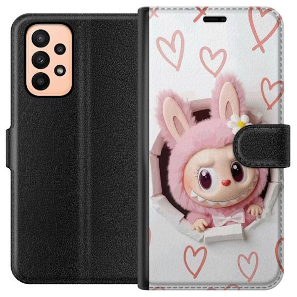 Samsung Galaxy A23 Plånboksfodral Labubu Hjärtbakgrund Pop Mart Kärlek Tema Figur Design Populärt Motiv Samlarfigur Art Toy Serie