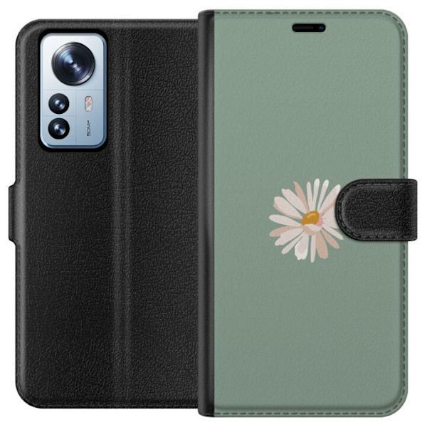 Xiaomi 12 Pro Lompakkokotelo Vihreä Minimalikukka - tyylikäs kukka vihreällä taustalla