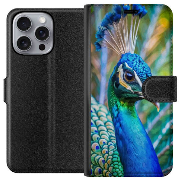 Apple iPhone 16 Pro Max Plånboksfodral Påfågel Fjädrar Färgstark Design Fågelmotiv Exotiskt Grafiskt Motiv Natur Lyxig Dekoration