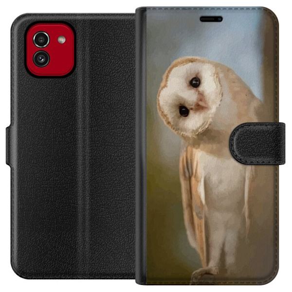 Samsung Galaxy A03 Plånboksfodral Uggla Nyfiken Blick Fågelmotiv Skog Natur Grafiskt Design Populärt Motiv Djur Tema Dekoration