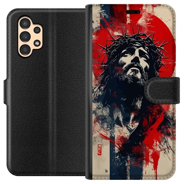 Samsung Galaxy A13 Plånboksfodral Jesus med kors – kristet motiv med stark symbolik om tro och hopp