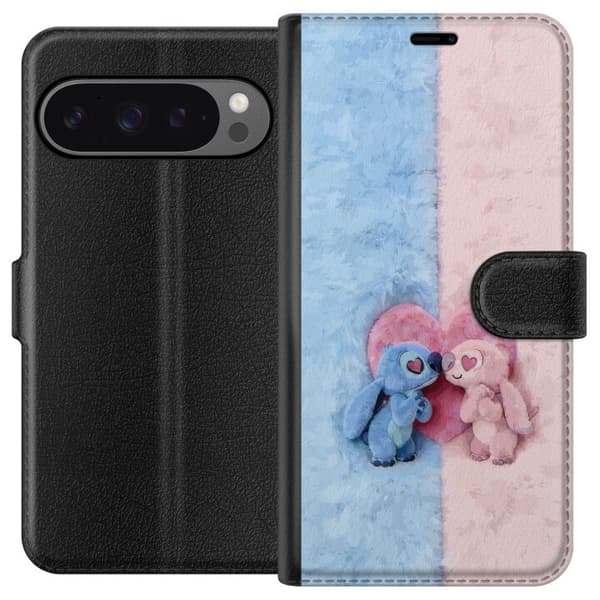 Kompatibel Tegnebogsetui til Google Pixel 9 Pro XL Søde blå og lyserøde figurer foran et stort lyserødt hjerte pink