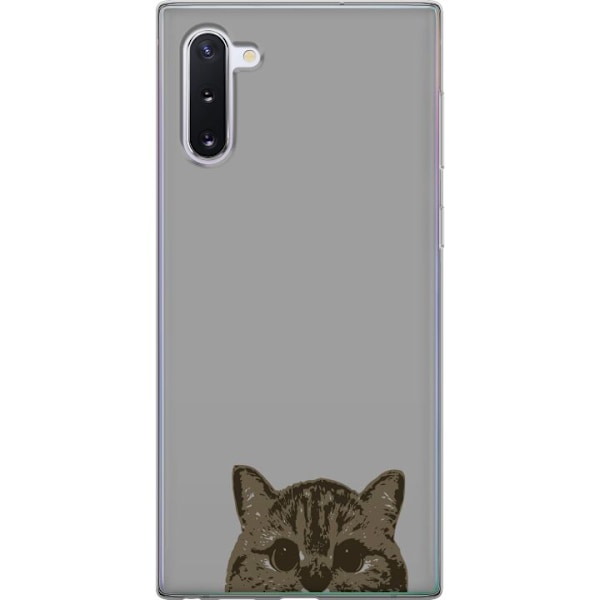 Samsung Galaxy Note10 Genomskinligt Skal Grå Kattblick – stilren kattdesign med grå bakgrund