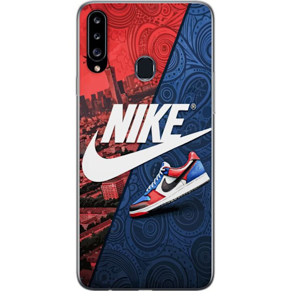 Samsung Galaxy A20s Genomskinligt Skal Nike Logotyp Röd Blå Sneaker Stil Sport Fashion Populärt Swoosh Motiv Träningskläder Grafisk Ikon