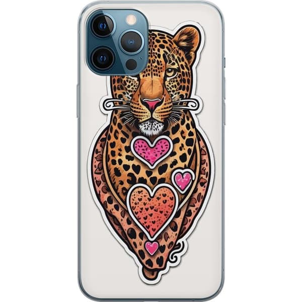 Kompatibel Mobilcover til Apple iPhone 12 Pro Max Illustreret leopard med lyserøde og orange hjerter, sorte pletter og dekorative detaljer orange