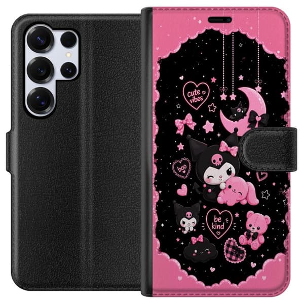 Kompatibel Tegnebogsetui til Samsung Galaxy S26 Ultra Søde lyserøde og sorte gothfigurer med hjerter, måne, stjerner og positiv tekst sort