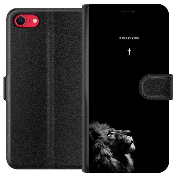 Kompatibel Tegnebogsetui til Apple iPhone SE (2020) Lejon med Jesus is King citat sort
