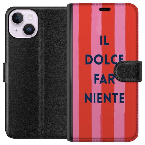 Kompatibel Tegnebogsetui til Apple iPhone 14 Teksten Il Dolce Far Niente i mørkeblåt mod håndmalede rosa og røde striber pink