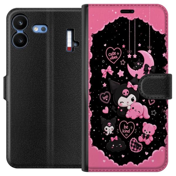 Kompatibel Tegnebogsetui til Nothing Phone 4b Søde lyserøde og sorte gothfigurer med hjerter, måne, stjerner og positiv tekst sort