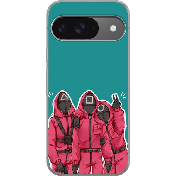 Google Pixel 9 Pro Genomskinligt Skal Squid Game Karaktärer Grafisk Design Seriefigurer Populär TV Motiv Asiatisk Stil Spännande Trend