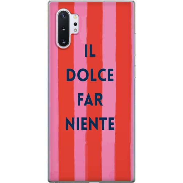 Kompatibelt Mobildeksel til Samsung Galaxy Note10+ Teksten Il Dolce Far Niente i mørkeblått mot håndmalte rosa og røde striper rosa