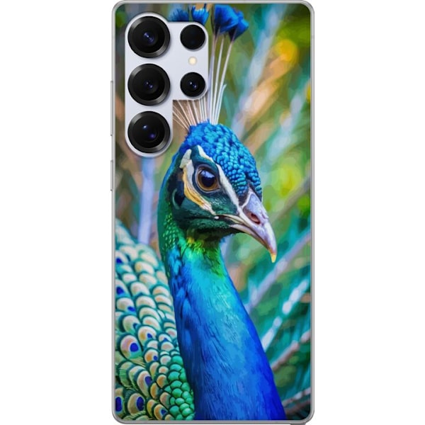 Samsung Galaxy S25 Ultra Genomskinligt Skal Påfågel Fjädrar Färgstark Design Fågelmotiv Exotiskt Grafiskt Motiv Natur Lyxig Dekoration