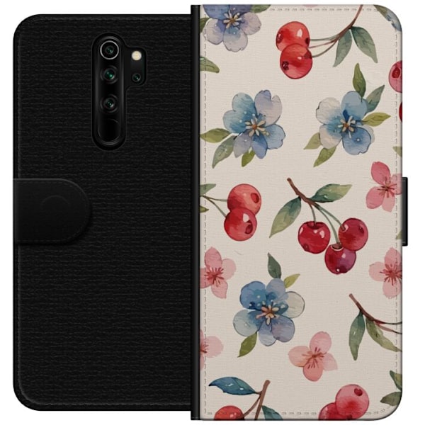 Xiaomi Redmi Note 8 Pro  Lompakkokotelo Marjat & Kukat - kuvio, jossa on sinisiä kukkia ja metsänmarjoja