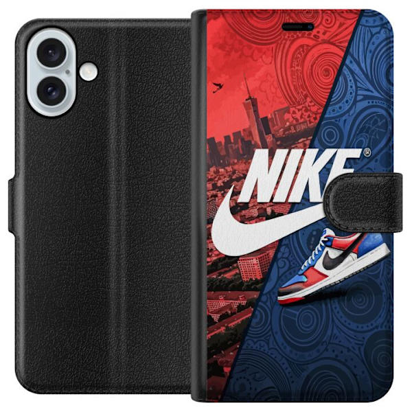 Apple iPhone 16 Plus Plånboksfodral Nike Logotyp Röd Blå Sneaker Stil Sport Fashion Populärt Swoosh Motiv Träningskläder Grafisk Ikon