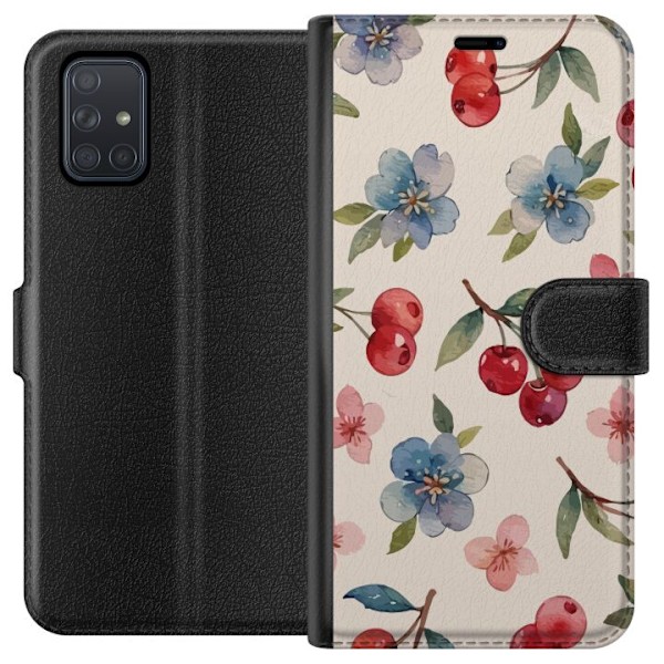 Samsung Galaxy A71 Tegnebogsetui Bær & Blomster - mønster med blå blomster og skovbær