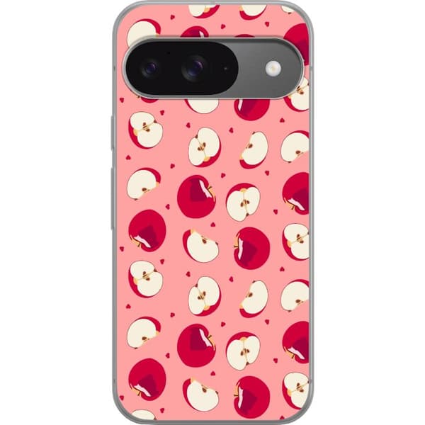 Kompatibelt Mobildeksel til Google Pixel 9 Pro Røde epler, epleskiver og små hjerter på rosa bakgrunn, lekent fruktmønster rosa