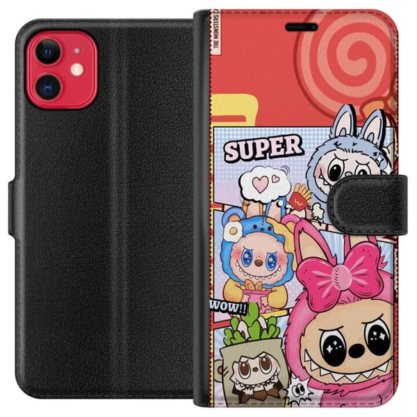 Kompatibel Tegnebogsetui til Apple iPhone 11 Pop Mart Labubu The Monsters farverig collageillustration kawaii-design med søde karakterer, samlerstil
