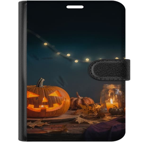 Kompatibel Tegnebogsetui til Apple iPhone Duo Lysende halloween-græskar omgivet af levende lys og efterårsblade orange