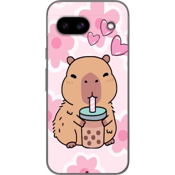 Kompatibelt Mobildeksel til Google Pixel 8a Søt kapibara som drikker bubble tea med hjerter og rosa blomsterbakgrunn. rosa