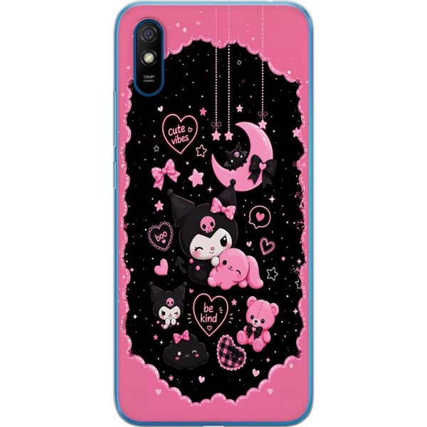 Kompatibel Mobilcover til Xiaomi Redmi 9A Søde lyserøde og sorte gothfigurer med hjerter, måne, stjerner og positiv tekst sort