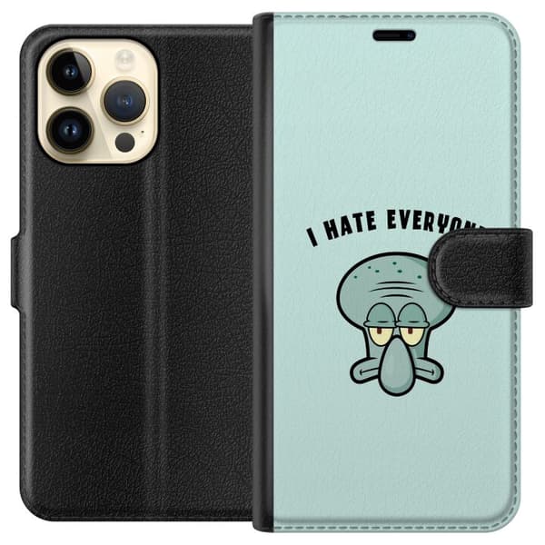 Kompatibel Tegnebogsetui til Apple iPhone 15 Pro Max Tegnet utilfreds blækspruttefigur med teksten I Hate Everyone på lyse turkis baggrund blå