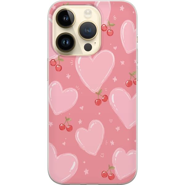 Kompatibelt Mobildeksel til Apple iPhone 15 Pro Rosa mønster med store hjerter, røde kirsebær og små stjerner rosa