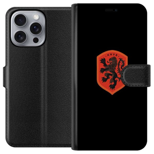 Kompatibel Tegnebogsetui til Apple iPhone 16 Pro Max Orange skjold med sort heraldisk løve mod sort baggrund sort