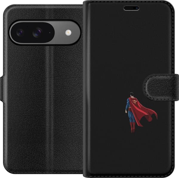 Kompatibel Tegnebogsetui til Google Pixel 9 Minimalistisk motiv med flyvende superhelt i blåt og rødt mod sort baggrund sort