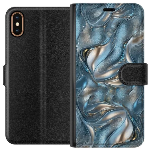 Kompatibel Tegnebogsetui til Apple iPhone XS Abstrakt flydende krom i sølv og blå metallisk effekt sølv