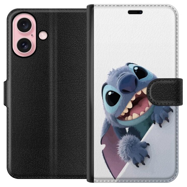 Apple iPhone 16 Plånboksfodral Happy Stitch – glad figur med charmig uttryck