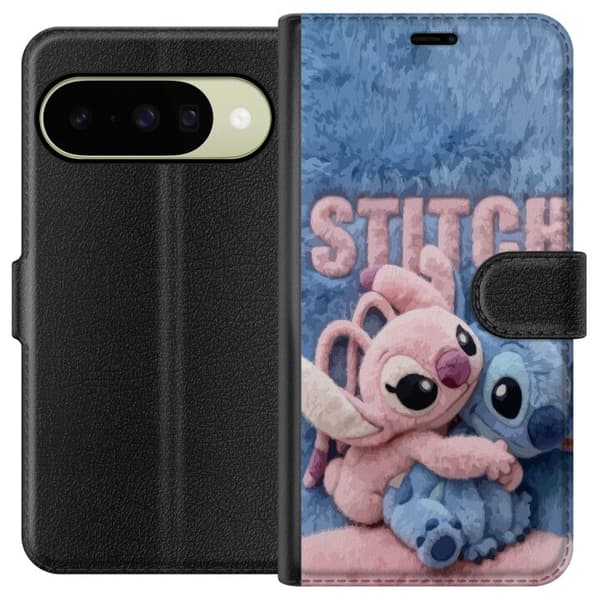 Kompatibel Tegnebogsetui til Google Pixel 10 Bløde lyserøde og blå Stitch plysdyr med fluffy baggrund i sød kawaii-stil blå