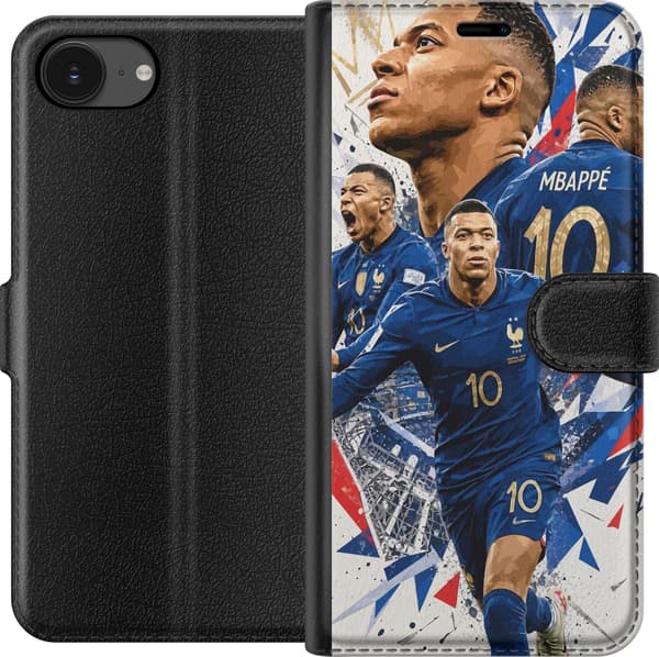 Kompatibel Tegnebogsetui til Apple iPhone 16e Kylian Mbappé i dynamisk fodboldcollage med blå, hvide og røde detaljer blå