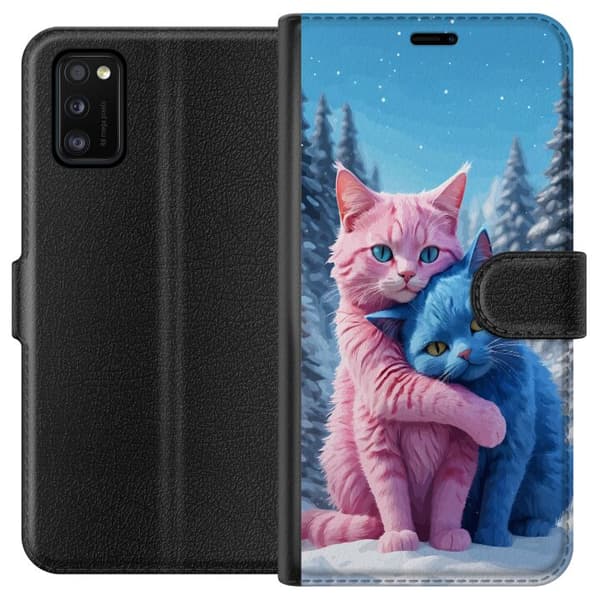 Kompatibel Tegnebogsetui til Samsung Galaxy A41 Søde lyserøde og blå katte, der krammer i sneklædt vinterlandskab blå