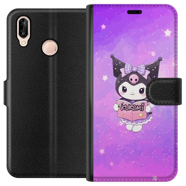 Kompatibel Tegnebogsetui til Huawei P20 lite Tegnet figur med en lyserød bog, sløjfe og stjerner mod en glitrende lilla baggrund lilla