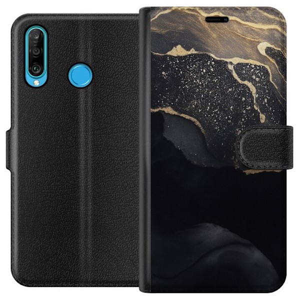 Huawei P30 lite Tegnebogsetui Sort guld abstrakt