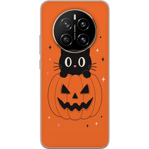 Kompatibel Mobilcover til Honor Magic7 Sort kat og halloween-græskar med stjerner på orange baggrund orange