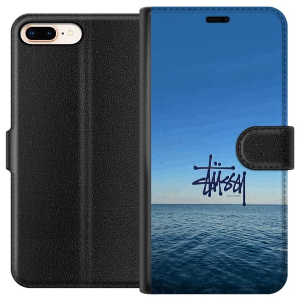 Kompatibelt Lommeboketui til Apple iPhone 8 Plus Havspanorama med blå himmel og stilig surf-inspirert logo blå