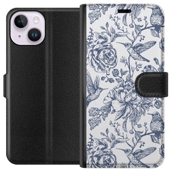 Apple iPhone 15 Plånboksfodral Blomster & Fåglar – romantiskt mönster i vintage-stil