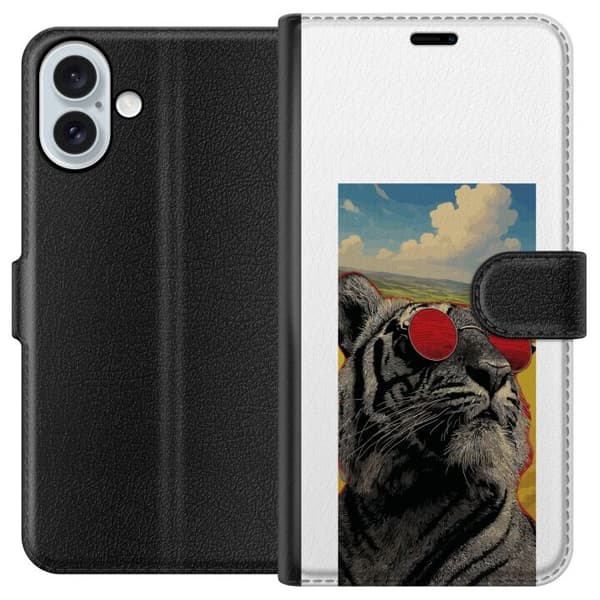 Kompatibel Tegnebogsetui til Apple iPhone 16 Plus Cool tiger med røde solbriller i pop kunststil grå