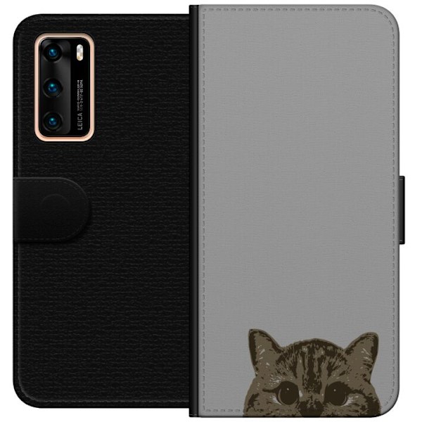 Huawei P40 Plånboksfodral Grå Kattblick – stilren kattdesign med grå bakgrund