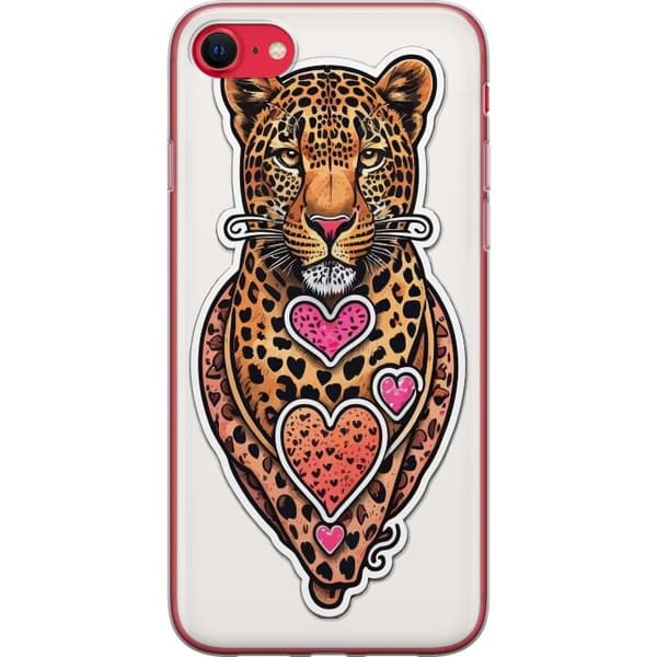 Kompatibel Mobilcover til Apple iPhone SE (2020) Illustreret leopard med lyserøde og orange hjerter, sorte pletter og dekorative detaljer orange