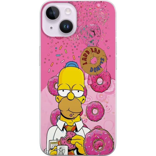 Kompatibel Mobilcover til Apple iPhone 15 Homer Simpson spiser lyserøde donuts mod en farverig baggrund pink