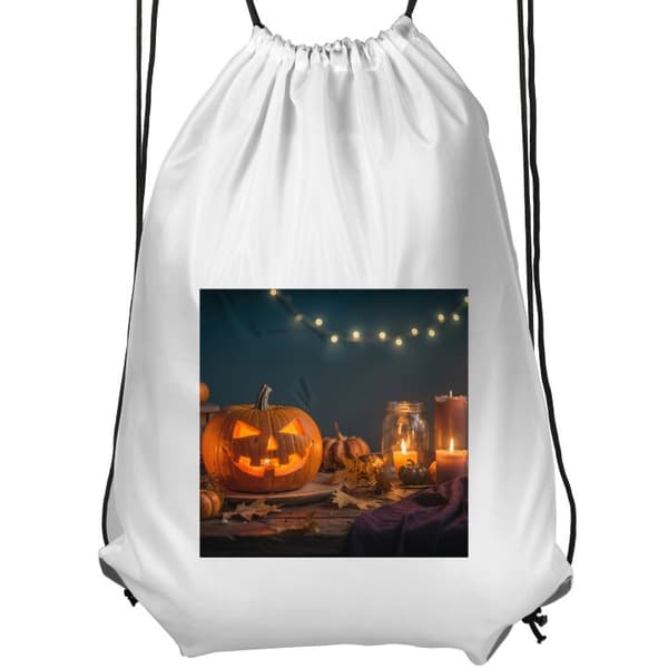 Gympapåse Vit Lysande Halloween pumpa omgiven av levande ljus och höstlöv vit Barn